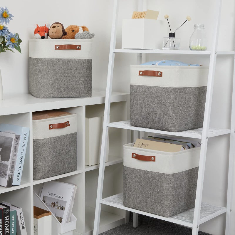 DULLEMELO [Set of 4 Storage Cubes Baskets for Organizing, 12 x 12 x 12 inch Cube Storage Organizer Bins with Leather Handles, Foldable Fabric Cloth Bins for Cube Storage(4 Pack - 12" White&Grey) - Image 4