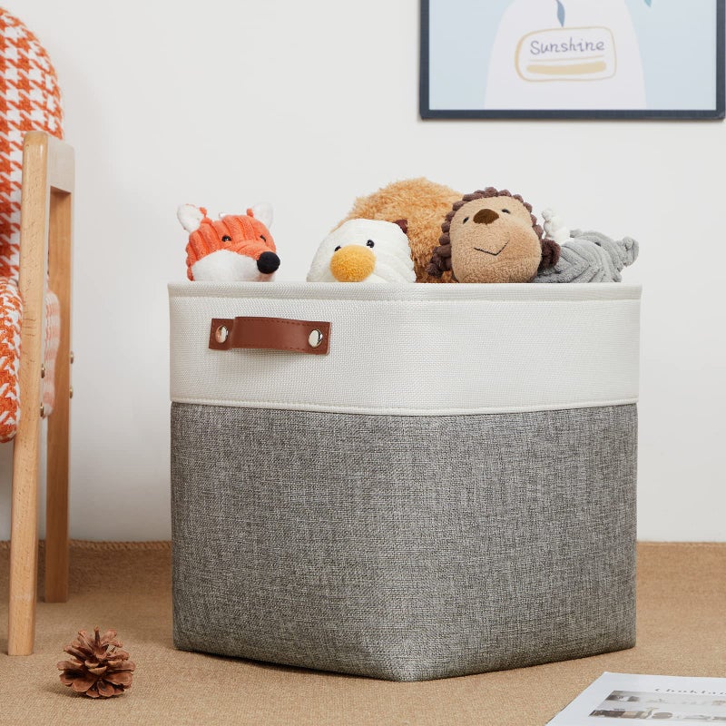 DULLEMELO [Set of 4 Storage Cubes Baskets for Organizing, 12 x 12 x 12 inch Cube Storage Organizer Bins with Leather Handles, Foldable Fabric Cloth Bins for Cube Storage(4 Pack - 12" White&Grey) - Image 5