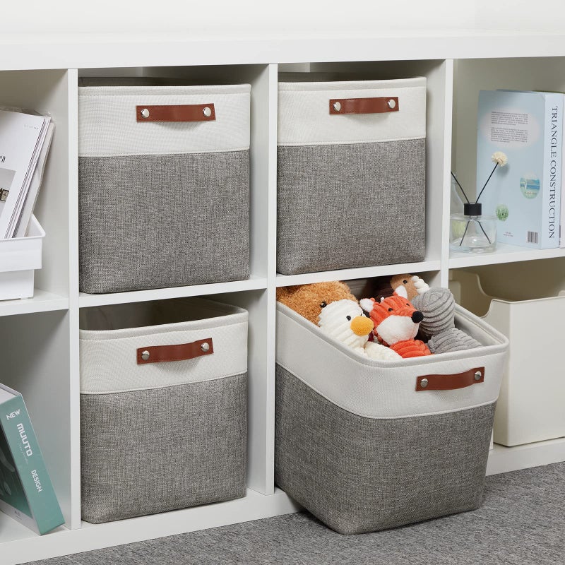 DULLEMELO [Set of 4 Storage Cubes Baskets for Organizing, 12 x 12 x 12 inch Cube Storage Organizer Bins with Leather Handles, Foldable Fabric Cloth Bins for Cube Storage(4 Pack - 12" White&Grey) - Image 3