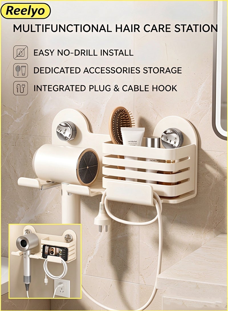 Reelyo Hair Dryer Holder Bathroom Organizer Wall Mounted, No Drill Blow Dryer Stand with Skincare Storage Basket & Cable Plug Hook, Space Saving for Home Washroom Vanity - Image 1