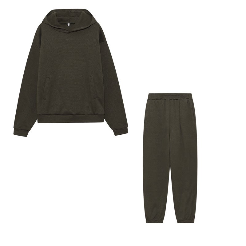African European and American autumn and winter cross-border fashion casual womens clothing thickened long-sleeved hooded sweater trousers two-piece suit for women Army Green