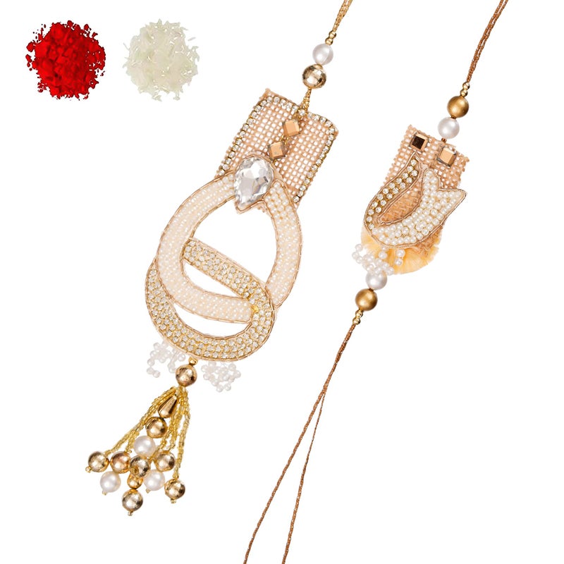 iinfinize Fancy Rakhis for Bhaiya Bhabhi | Lumba Set For Brother Sister In Law | Hand Crafted Cotton Dora Rakhi | Raksha Bandhan Rakhi With Roli Chawal - Image 1