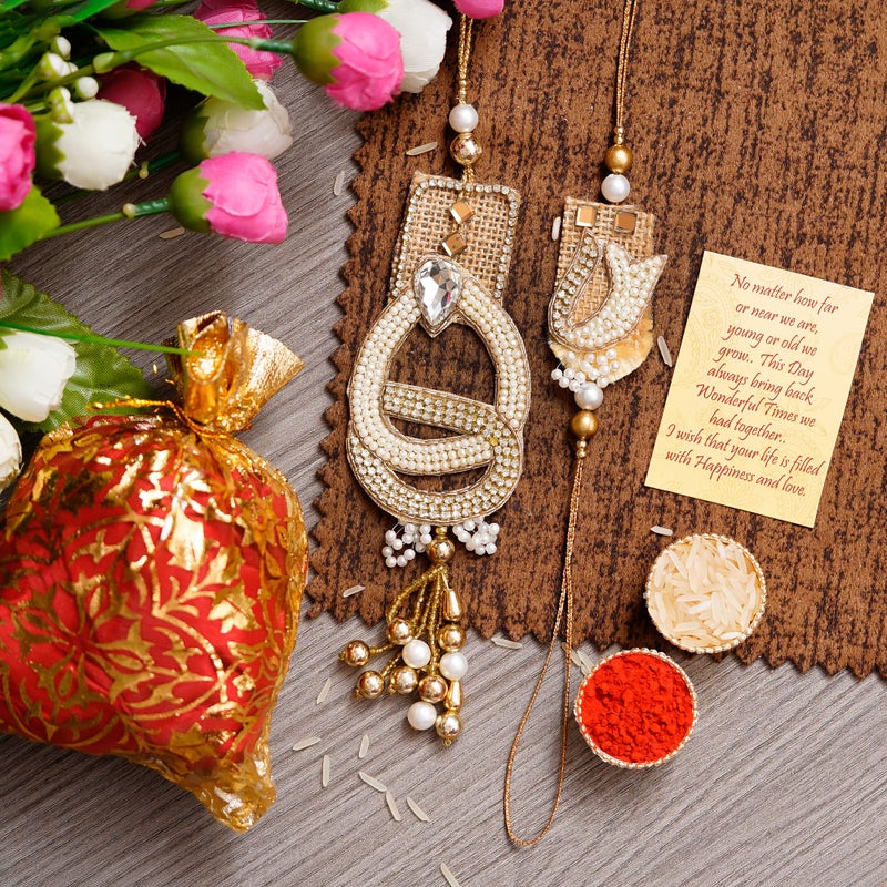 iinfinize Fancy Rakhis for Bhaiya Bhabhi | Lumba Set For Brother Sister In Law | Hand Crafted Cotton Dora Rakhi | Raksha Bandhan Rakhi With Roli Chawal - Image 2
