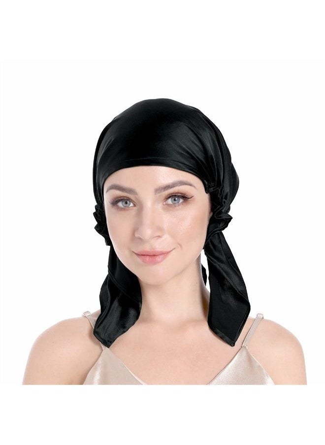 SissiLita 100% Silk Bonnet for Sleeping, Hair Bonnet with Tie Band, Large Silk Sleep Cap for Curly Hair, Silk Hair Wrap for Hair Care (Black) 