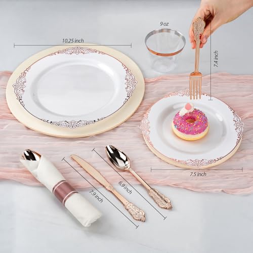 Bestluck 350PCS Rose Gold Plastic Plates for 50 Guests Disposable Dinnerware Sets Include 100 Rose Gold Rim Plastic Plates 50 Silverware and Cups 50 Pre Rolled Napkins for Party and Graduation - Image 5