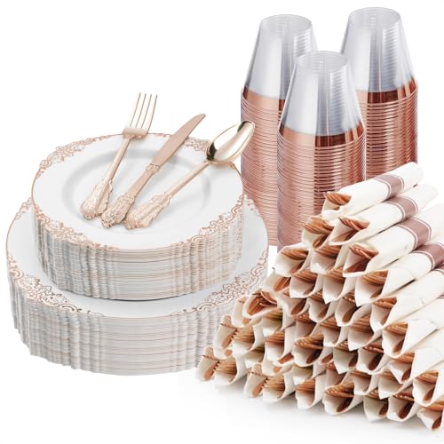 Bestluck 350PCS Rose Gold Plastic Plates for 50 Guests Disposable Dinnerware Sets Include 100 Rose Gold Rim Plastic Plates 50 Silverware and Cups 50 Pre Rolled Napkins for Party and Graduation - Image 2