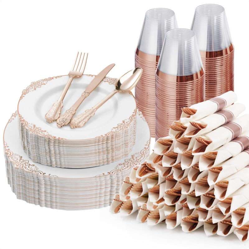 Bestluck 350PCS Rose Gold Plastic Plates for 50 Guests Disposable Dinnerware Sets Include 100 Rose Gold Rim Plastic Plates 50 Silverware and Cups 50 Pre Rolled Napkins for Party and Graduation - Image 3