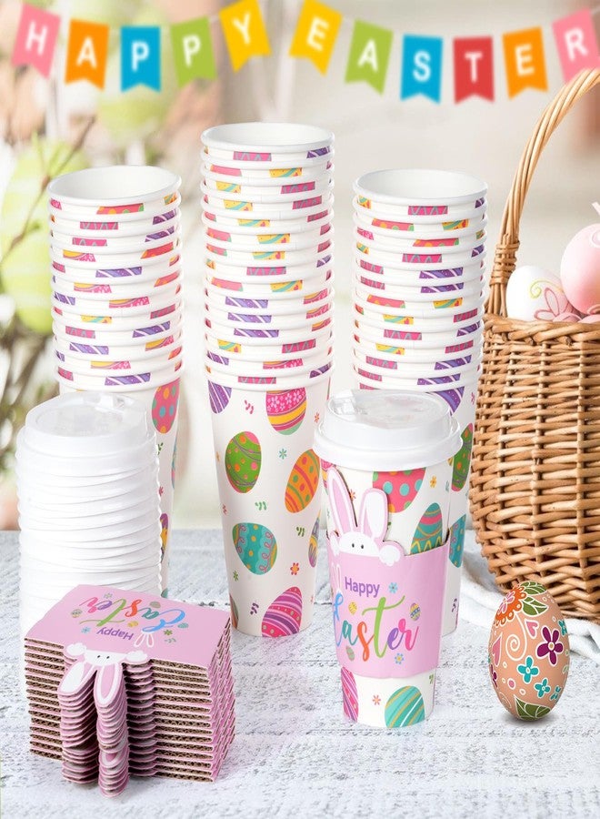Hallswl 50Set 16oz Easter Cups with Lids and Sleeves, Disposable Paper Cup Bulk Cute Colorful Eggs Paper Drinking Cups for Easter Spring Party Decorations and Supplies - Image 4