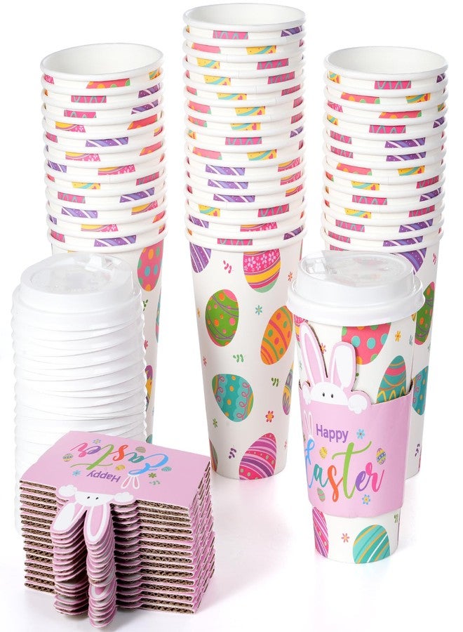 Hallswl 50Set 16oz Easter Cups with Lids and Sleeves, Disposable Paper Cup Bulk Cute Colorful Eggs Paper Drinking Cups for Easter Spring Party Decorations and Supplies - Image 1