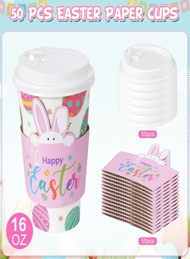 Hallswl 50Set 16oz Easter Cups with Lids and Sleeves, Disposable Paper Cup Bulk Cute Colorful Eggs Paper Drinking Cups for Easter Spring Party Decorations and Supplies - Image 3