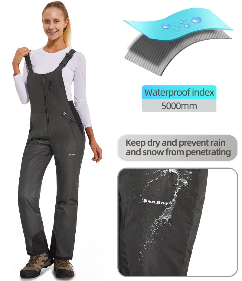 BenBoy Women's Snow Bibs Ski Waterproof Windproof Insulated Overalls Ripstop Snowboard Pants Winter,HXK7557W-Grey-XS - Image 2
