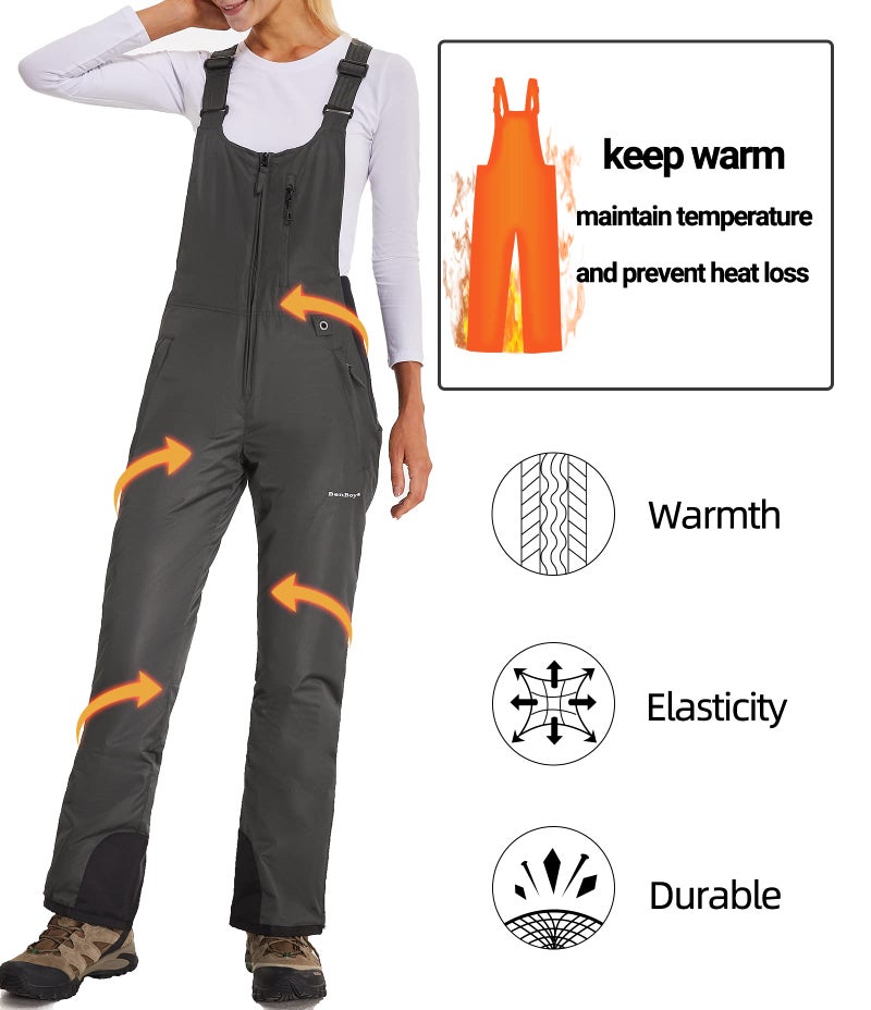 BenBoy Women's Snow Bibs Ski Waterproof Windproof Insulated Overalls Ripstop Snowboard Pants Winter,HXK7557W-Grey-XS - Image 1