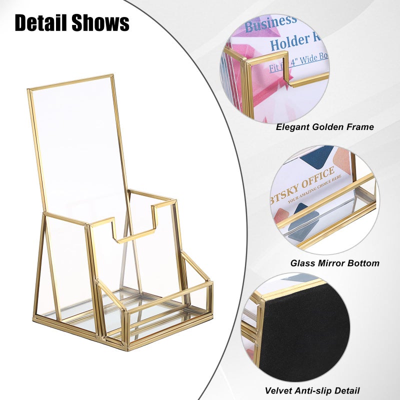 BTSKY Golden Glass Brochure Holder for 4" Wide Trifold Handouts, Countertop Pamphlet Flyer Holder Display Stand with Business Card Holder, Clear Elegant Brochure Display Stand for Magazine Booklets - Image 4