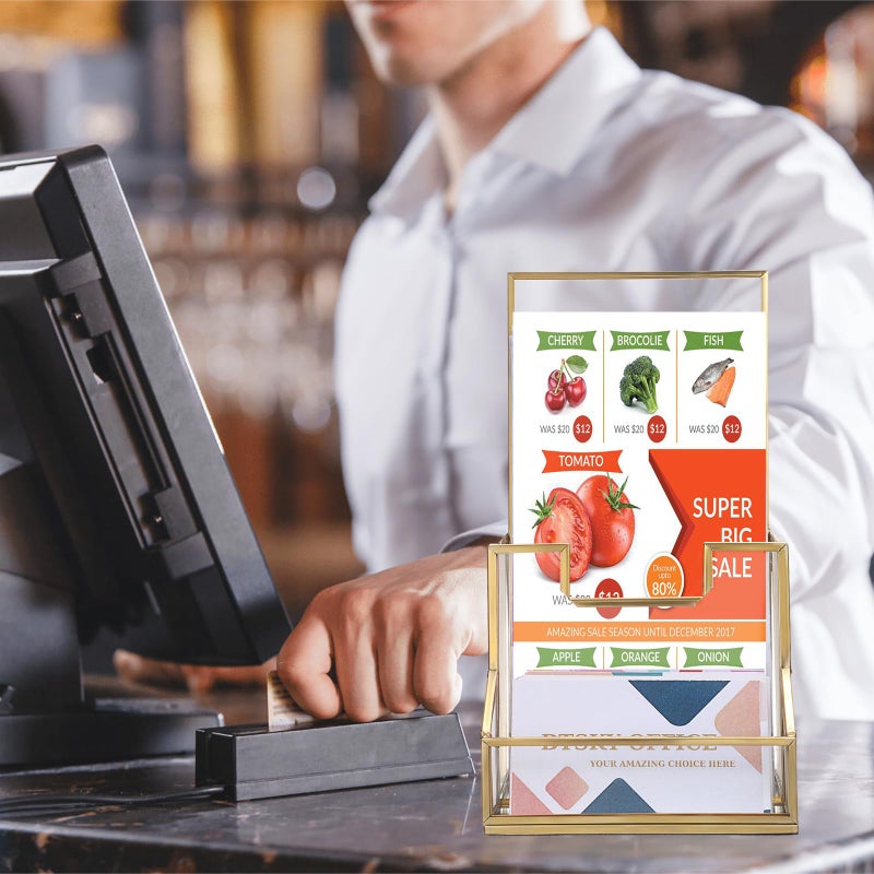 BTSKY Golden Glass Brochure Holder for 4" Wide Trifold Handouts, Countertop Pamphlet Flyer Holder Display Stand with Business Card Holder, Clear Elegant Brochure Display Stand for Magazine Booklets - Image 5