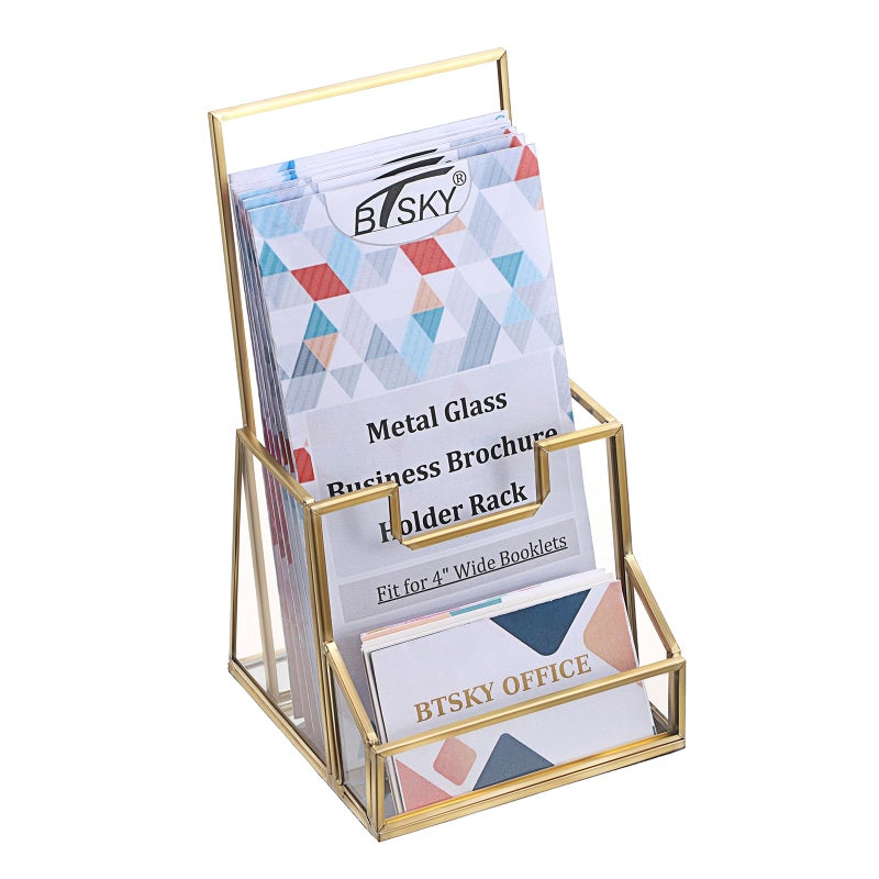 BTSKY Golden Glass Brochure Holder for 4" Wide Trifold Handouts, Countertop Pamphlet Flyer Holder Display Stand with Business Card Holder, Clear Elegant Brochure Display Stand for Magazine Booklets - Image 1