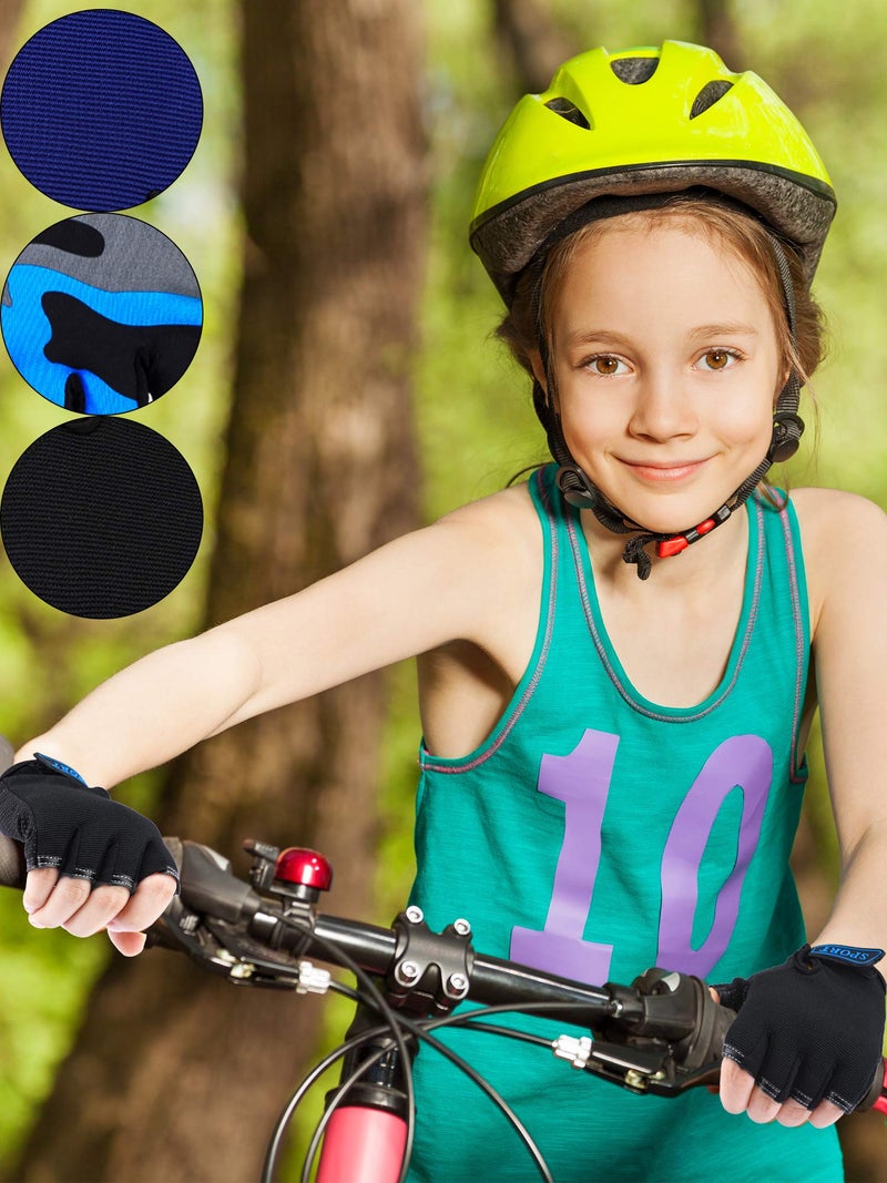 Boao 3 Pairs Kids Half Finger Bike Gloves Non-Slip Breathable Adjustable Birthday Gift for Boys Girls for Bike Workout(Stylish,8-12 Years) - Image 2