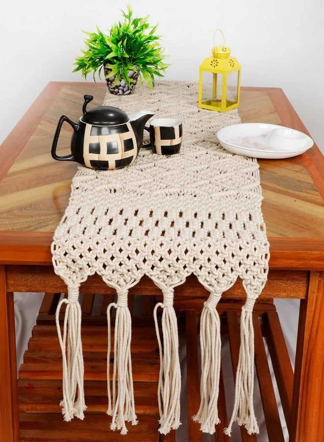 pepme Macrame Table Runner Diamonds Small Knots, Big Knots, 55x14, Off-White - Image 1