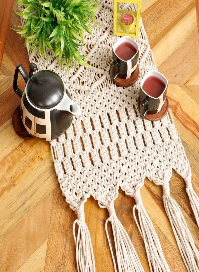 pepme Macrame Table Runner Diamonds Small Knots, Big Knots, 55x14, Off-White - Image 2