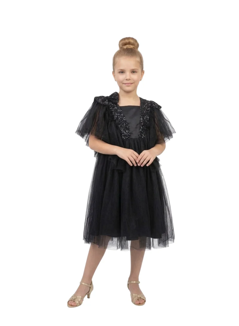 بيداني Girls Black Ruffled Tulle Party Dress