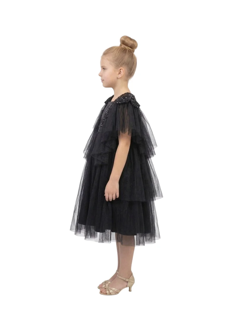 بيداني Girls Black Ruffled Tulle Party Dress