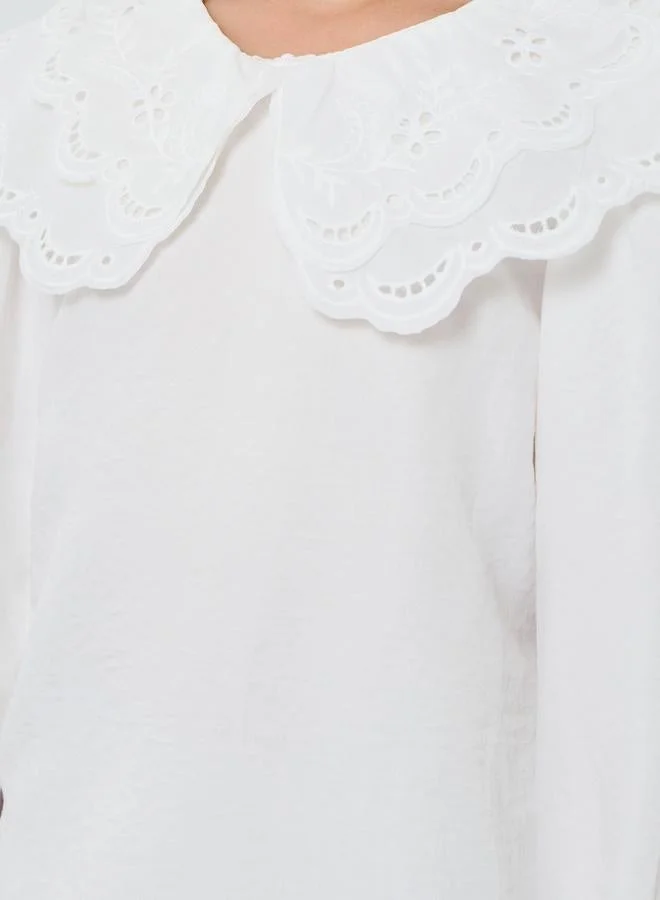 Styli Girls Off White Embroidered Collar Top