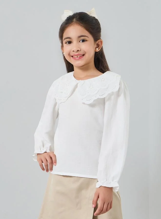 Styli Girls Off White Embroidered Collar Top
