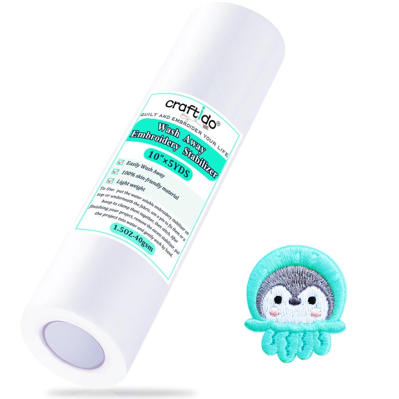 Craftido Wash AwayWater Soluble Embroidery Stabilizer BackingTopping 10 x 5 Ydroll for Most Hoops 15oz Light Weight for Machine Embroidery and Hand Sewing - Image 3