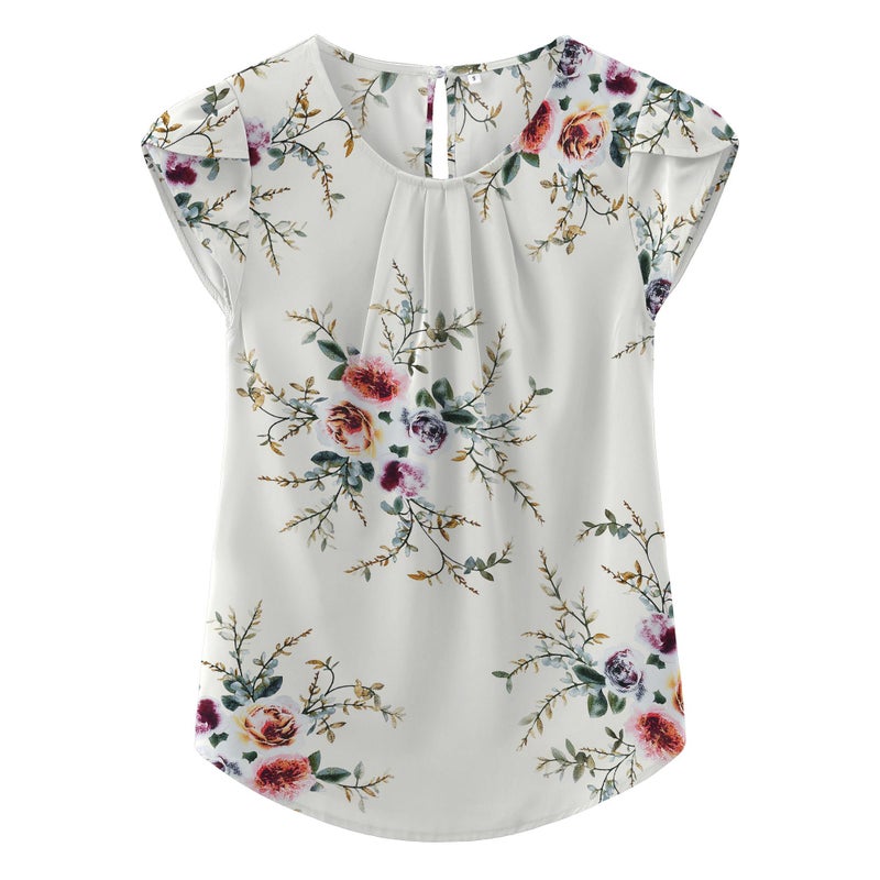 TASAMO Women Chiffon Blouse Round Neck Short Sleeve Top Shirts (Medium, Rose White) - Image 1