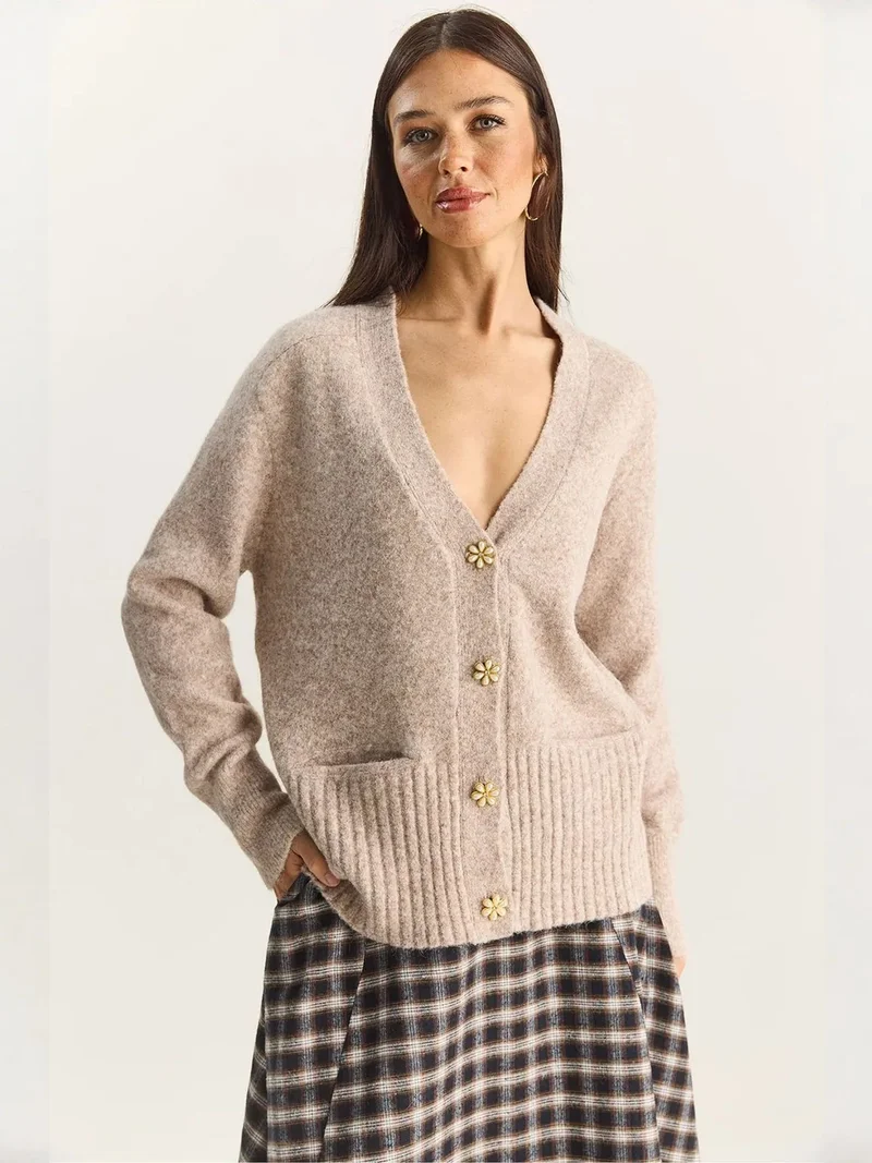 Bianco Lucci LUCCI Button Detailed V-Neck Cardigan