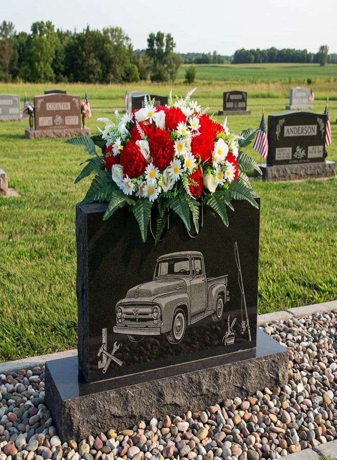 LOYWREE 30" Artificial Cemetery Flowers Headstone Saddle, UV Resistant Silk Red Mums & White Roses Grave Saddle, Realistic Outdoor Grave Flowers for Memorial Day Decorations - Image 5