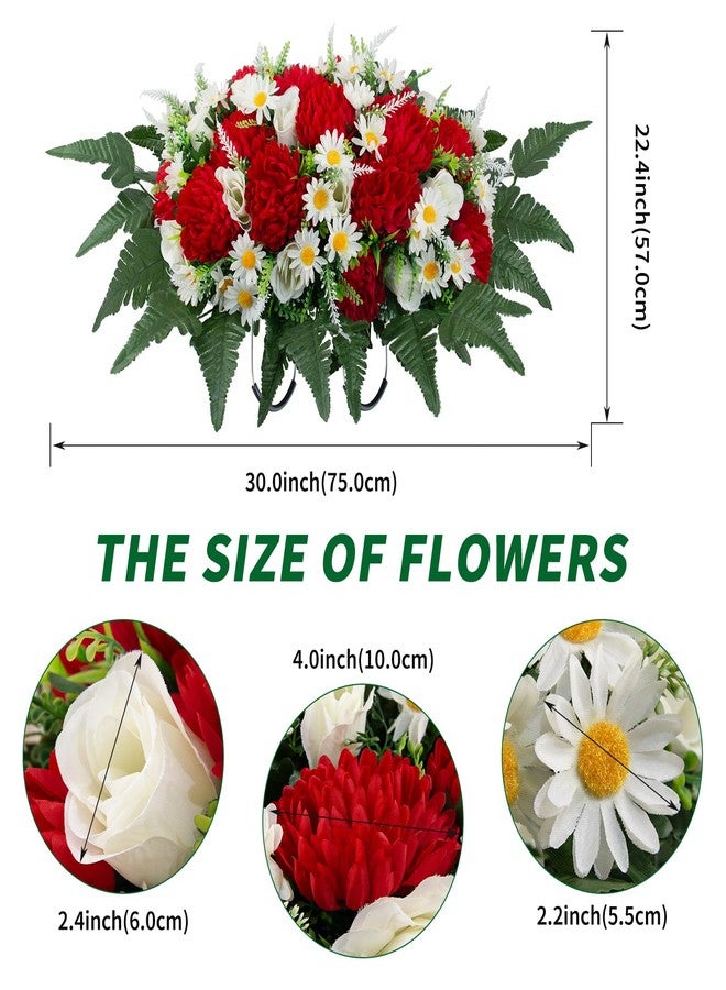 LOYWREE 30" Artificial Cemetery Flowers Headstone Saddle, UV Resistant Silk Red Mums & White Roses Grave Saddle, Realistic Outdoor Grave Flowers for Memorial Day Decorations - Image 2