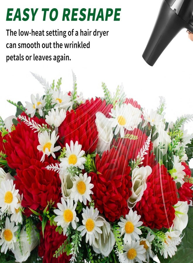 LOYWREE 30" Artificial Cemetery Flowers Headstone Saddle, UV Resistant Silk Red Mums & White Roses Grave Saddle, Realistic Outdoor Grave Flowers for Memorial Day Decorations - Image 3