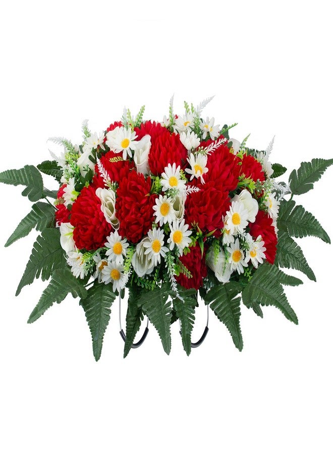 LOYWREE 30" Artificial Cemetery Flowers Headstone Saddle, UV Resistant Silk Red Mums & White Roses Grave Saddle, Realistic Outdoor Grave Flowers for Memorial Day Decorations - Image 1