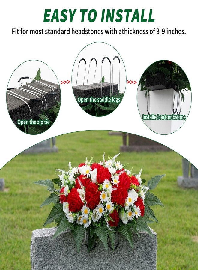 LOYWREE 30" Artificial Cemetery Flowers Headstone Saddle, UV Resistant Silk Red Mums & White Roses Grave Saddle, Realistic Outdoor Grave Flowers for Memorial Day Decorations - Image 4