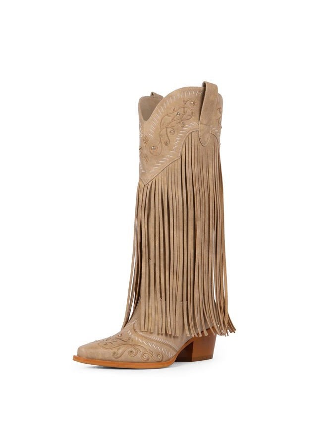 Modatope Cowboy Boots for Women Fringe Knee High Boots Embroidered Cowgirl Western Pointed Toe Chunky Heel Boots, Tan, 8 - Image 1