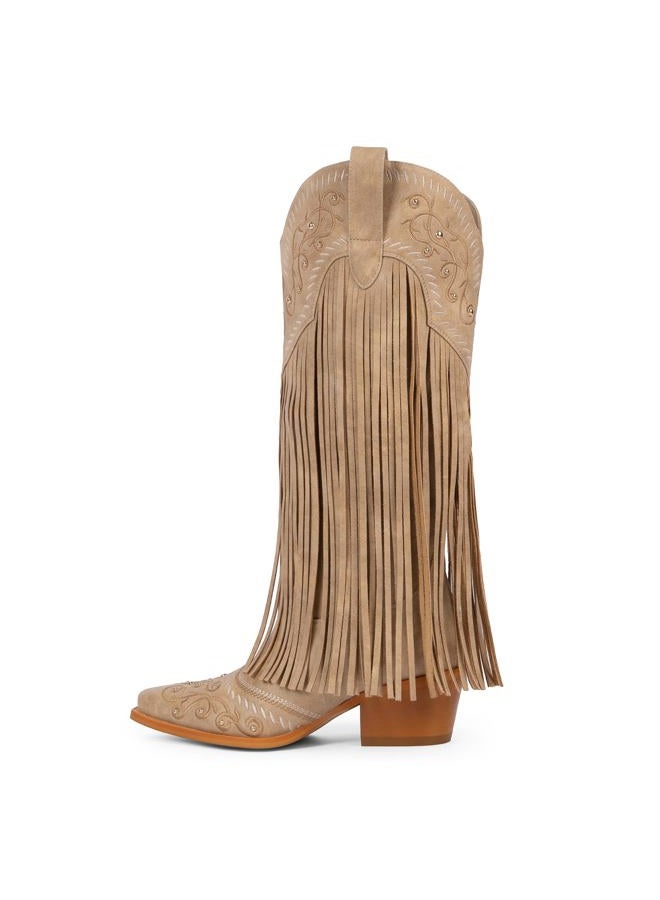 Modatope Cowboy Boots for Women Fringe Knee High Boots Embroidered Cowgirl Western Pointed Toe Chunky Heel Boots, Tan, 8 - Image 4