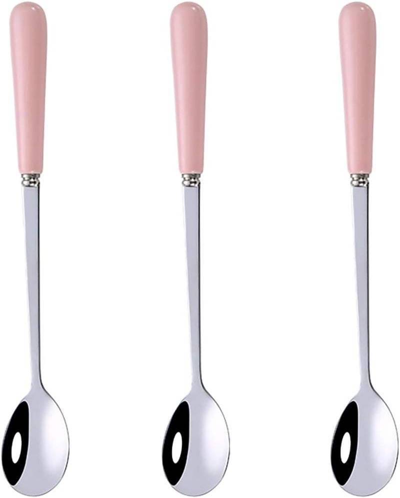 krofaue 3PCS Mixing Spoons for Coffee, Dessert, Ice Cream, Milkshake, Stainless Steel Iced Teaspoon with Ceramic Handle Tablespoons Espresso Cocktail Stirring Spoons, 6.8-Inch  (Pink) - Image 2