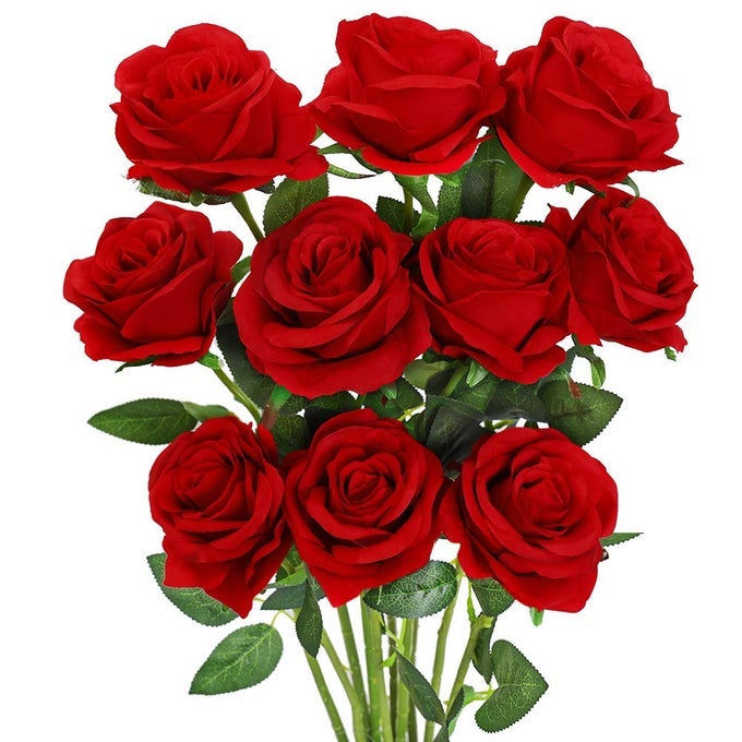 10PCS ARTIFICIAL ROSES FLOWER WITH STEMS SLIK FAKE FLOWERS BOUQUET REALISTIC LONG STEM FAUX ROSE FOR VALENTINES DAY WEDDING HOME DECOR