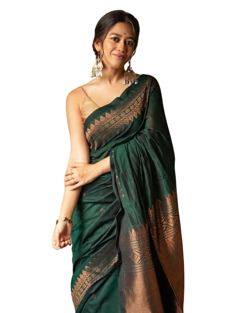 Vivatra Women Banarasi Soft Silk Saree | Jacquard Weaving with Rich Pallu & Border | Includ Matching Utitched Blouse Piece (VT-KP-6012-Green) - Image 1
