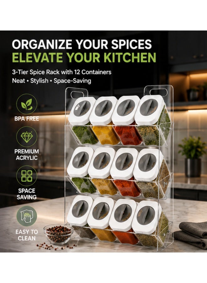 Premium Spice Organizer Set with 12 Clear 250ml Acrylic Jars & 3-Tier Rack – Modern Kitchen Seasoning Holder with 3-in-1 Rotating Lids, Space-Saving Countertop Storage - Image 1