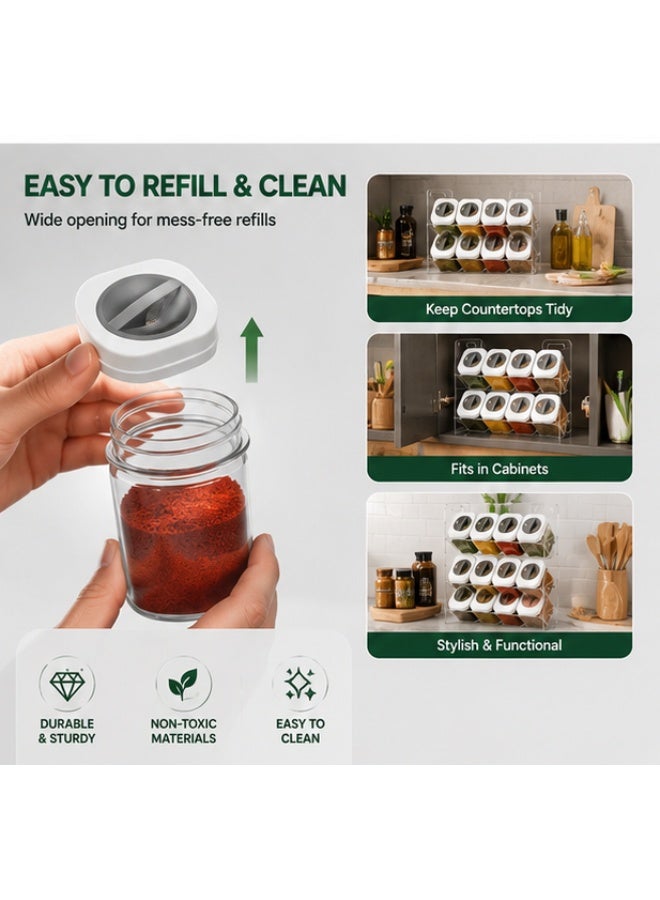 Premium Spice Organizer Set with 12 Clear 250ml Acrylic Jars & 3-Tier Rack – Modern Kitchen Seasoning Holder with 3-in-1 Rotating Lids, Space-Saving Countertop Storage - Image 4