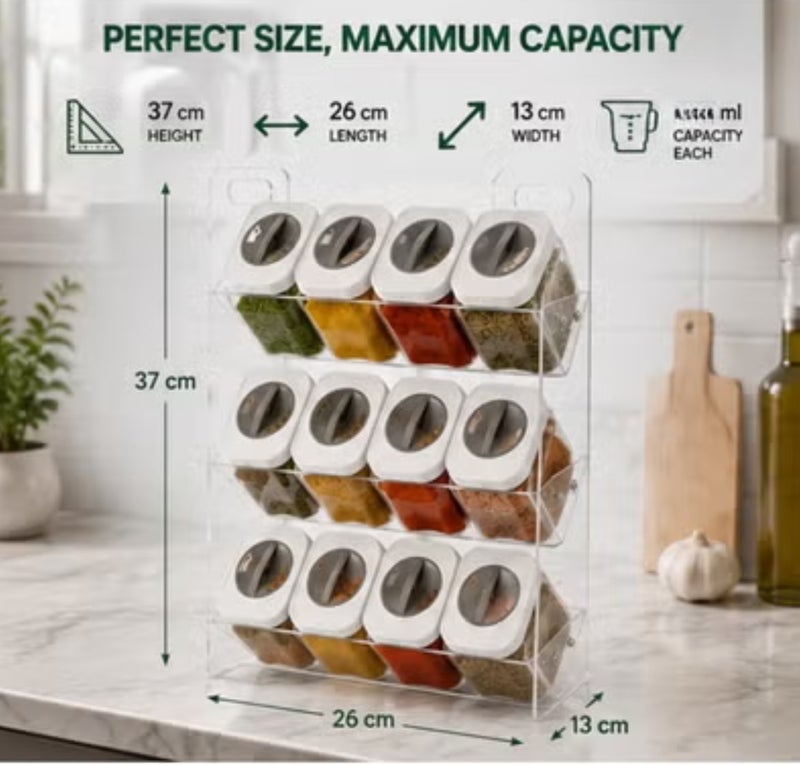 Premium Spice Organizer Set with 12 Clear 250ml Acrylic Jars & 3-Tier Rack – Modern Kitchen Seasoning Holder with 3-in-1 Rotating Lids, Space-Saving Countertop Storage - Image 3