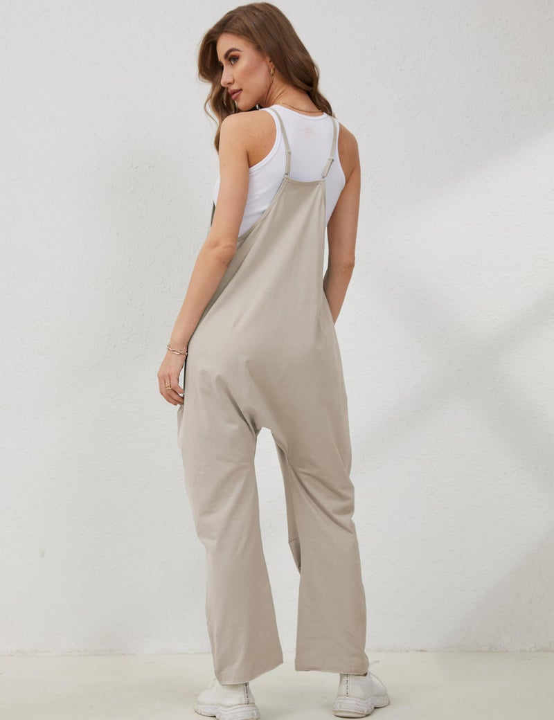 Lentta Women's Causal Jumpsuits V Neck Sleeveless Harem Overalls Stretchy Adjustable Strap Romper with Pockets(LightKhaki-S) - Image 4