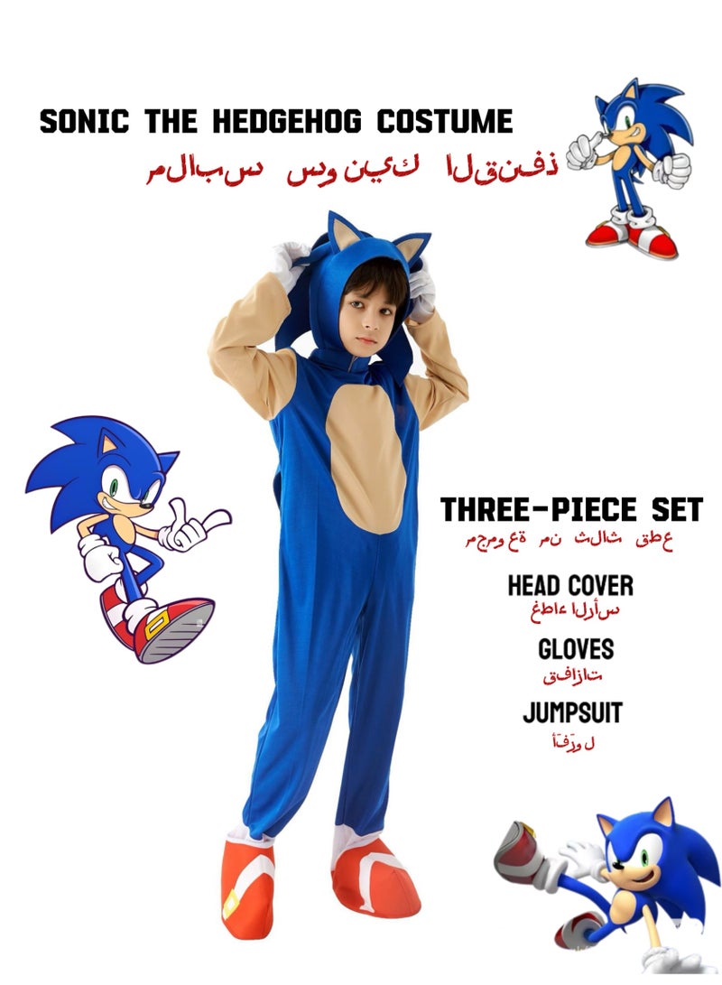 مجموعة زي Sonic the Hedgehog للأطفال (تتضمن قفازات + غطاء + بدلة) ｜ملابس هالوين / كوسبلاي / أداء المسرح ｜عمر 4-14 سنة ، ممتدة وقابلة للتنفس الحجم: M - Image 1