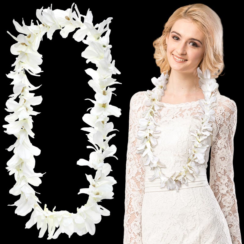 Daifunli Orchid Lei White Orchid Lei Garland Orchid Petal Flower Leis Neck Loop Flowers Wedding Artificial Lei Hawaiian Luau Flower Lei Artificial Graduation Lei, 3.28ft - Image 1
