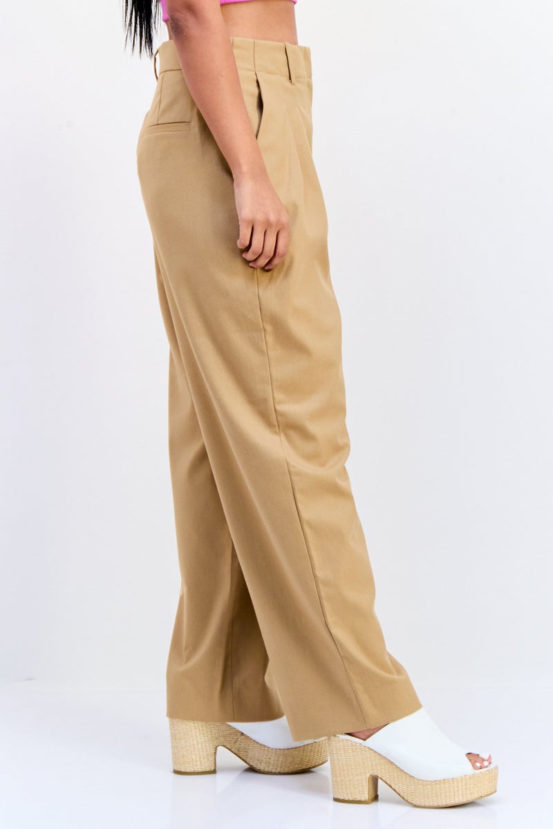 ESPRIT Women Regular Fit Plain 30 Length Wide Leg Pants, Tan - Image 2
