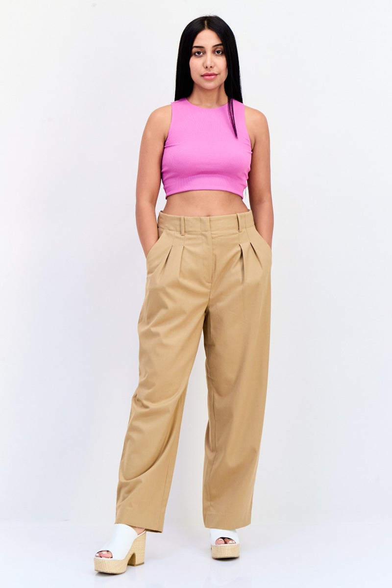 ESPRIT Women Regular Fit Plain 30 Length Wide Leg Pants, Tan - Image 4