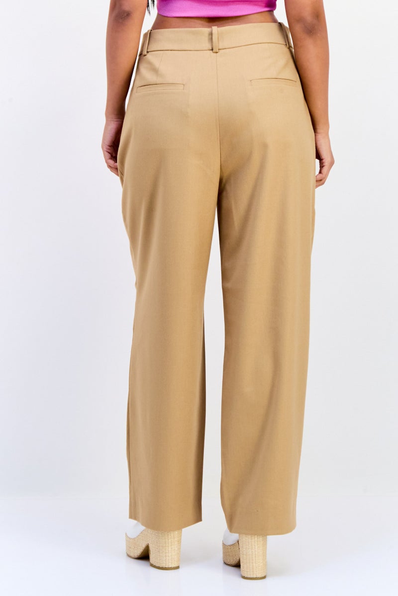 ESPRIT Women Regular Fit Plain 30 Length Wide Leg Pants, Tan - Image 3