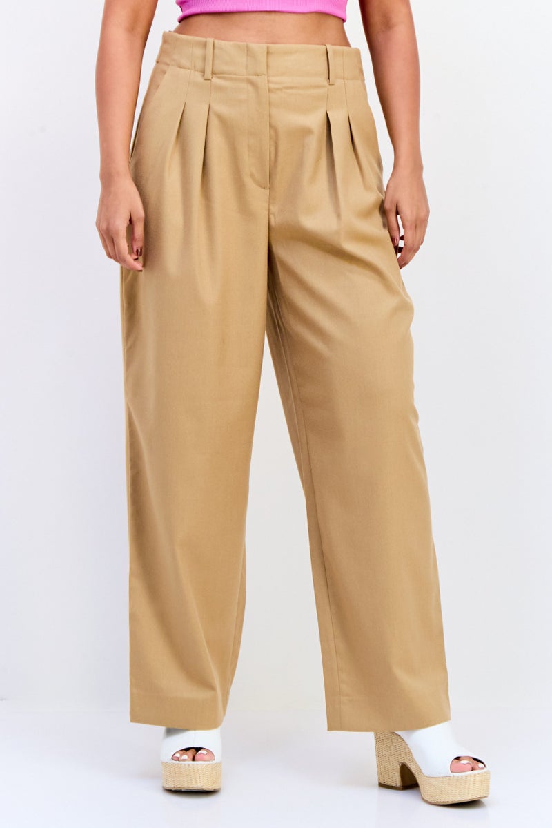 ESPRIT Women Regular Fit Plain 30 Length Wide Leg Pants, Tan - Image 1