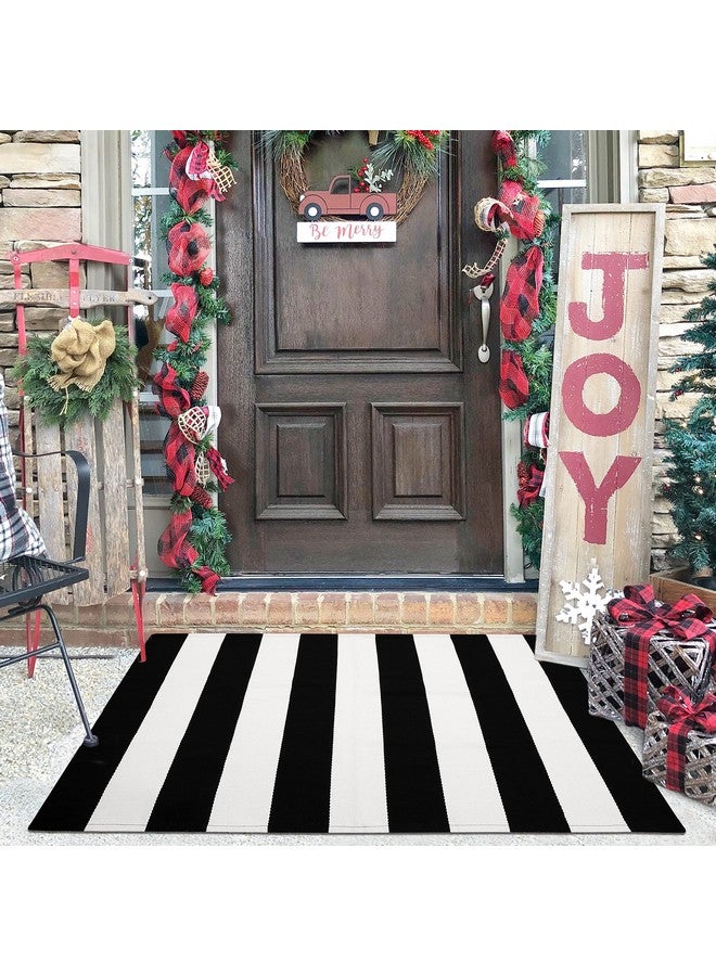KILOCOCO Black and White Striped Rug 2.3'x3.6' Indoor Outdoor Rugs Front Door Mat Hand Woven Cotton Washable Striped Layered Doormats for Front Porch/Kitchen/Farmhouse/Entryway/Patio - Image 1
